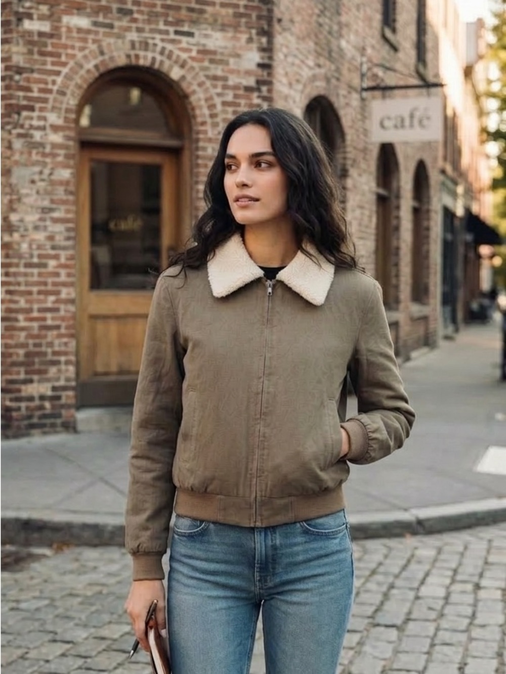 Brandy Melville Sherpa Collar Bomber Jacket Khaki Olive Brown One Size S Fall